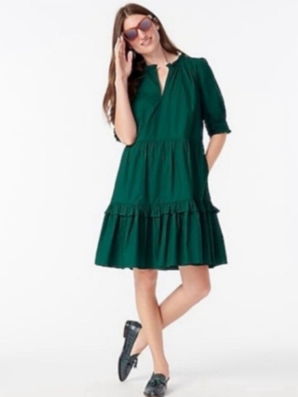J.CREW Ruffleneck Tiered Popover Mini Dress M Green Pockets Cotton